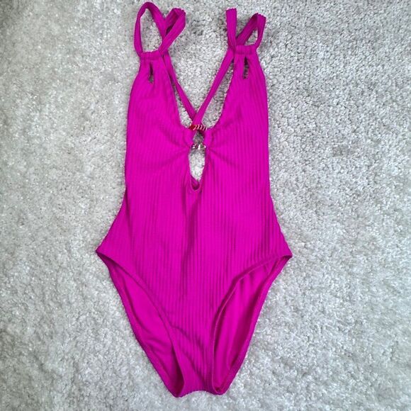 Becca One Piece Ring Center Tie Back Swimsuit Azalea Pink Large - Picture 1 of 9